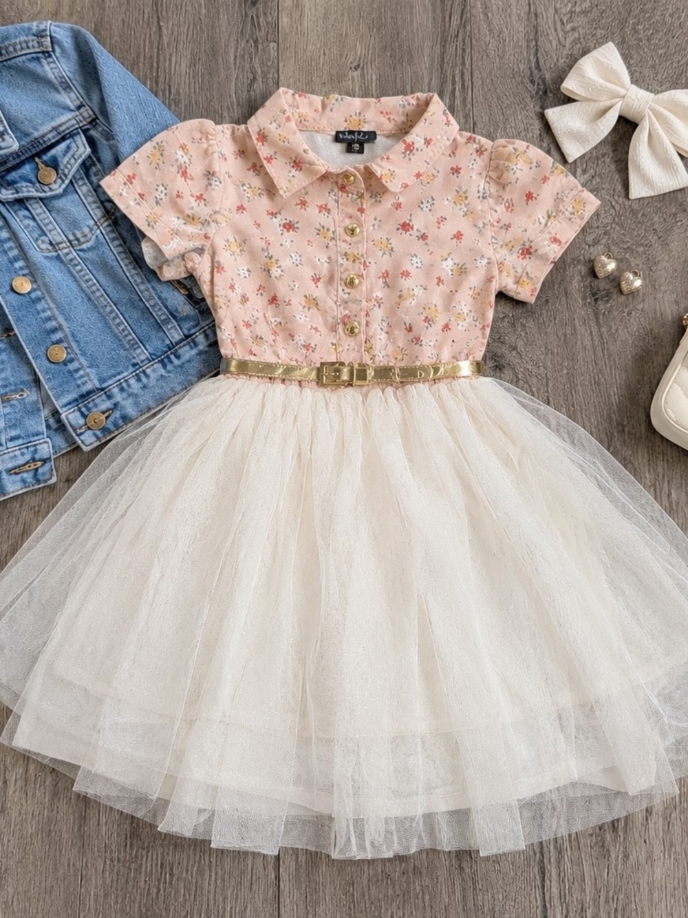 Girls Peach Floral Top Cream Tulle Party Dress with Gold Belt